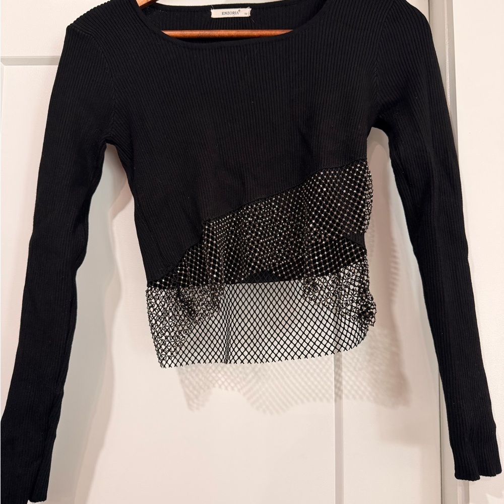 Elegant Black Long Sleeve Top with Mesh Detail